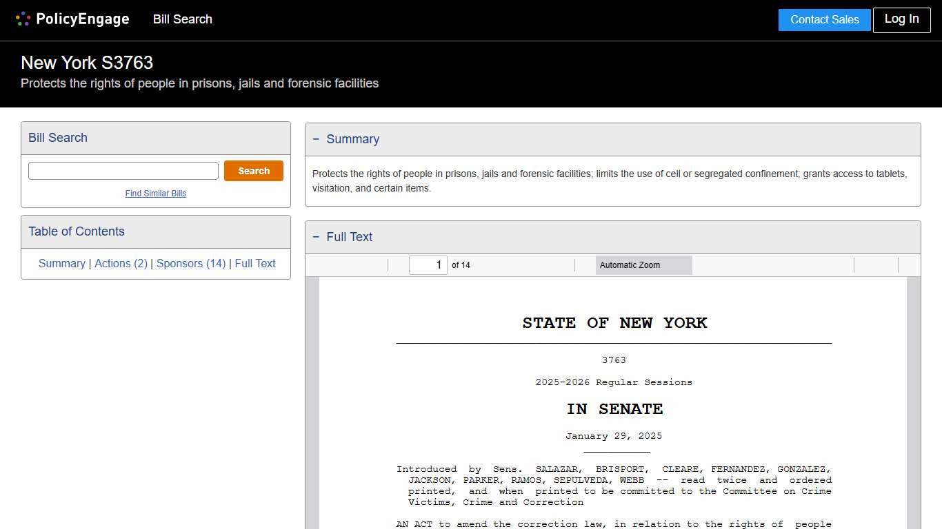 S3763 New York 2025-2026 Protects the rights of people in prisons, jails and forensic facilities - Legislative Tracking PolicyEngage